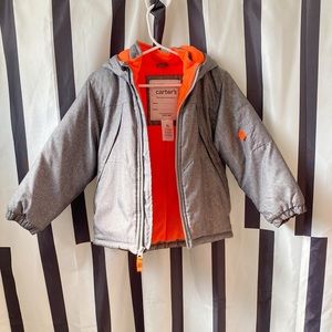 CARTERS GRAY AND ORANGE ZIP UP PUFFER JACKET